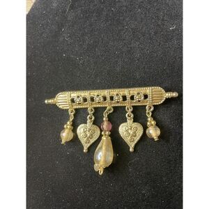 Vintage Bar Pin Heart Brooch Pink Gold Tone Dangle Bead Statement Jewelry 3 Inch